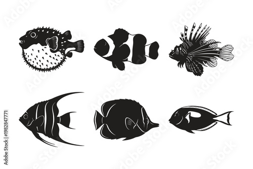 Tropical fish silhouette set bundle, exotic marine animal collection.