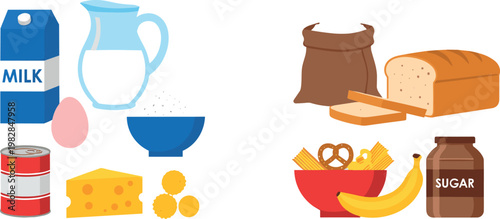 Grocery and Dairy Icon Set with Milk, Bread, Cheese, Sugar, and Canned Goods for Culinary, Baking, and Nutrition Concepts