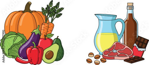 Healthy Eating Icon Set with Vegetables, Fruits, Meat, Oil, and Snacks for Nutrition, Culinary, and Grocery Concepts