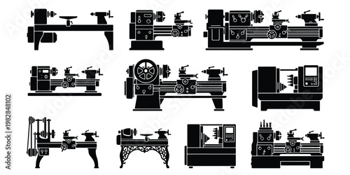 Industrial lathe machine silhouettes, set of 10 metalworking equipment icons, black mechanical engineering tools for manufacturing and workshop design