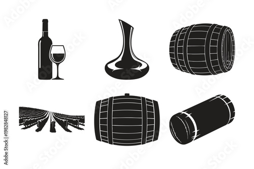 Wine production set bundle silhouette icons for vineyard and winery.