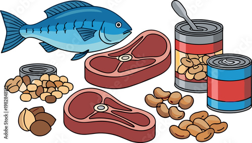 Protein and Snack Food Icon Set with Fish, Meat, Canned Goods, and Nuts for Culinary, Diet, and Grocery Concepts