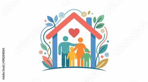 Illustration of a happy family with parents and child standing under a house with a heart, symbolizing family love and togetherness on International Family Day with a joyful and colorful