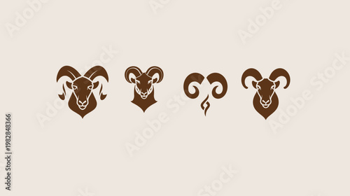 A collection of four brown ram head illustrations against a beige backdrop
