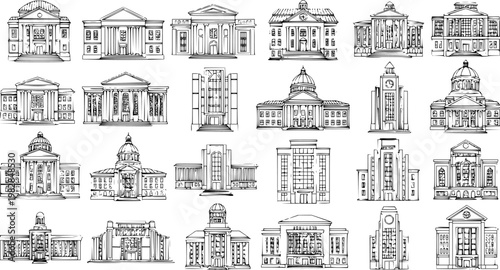 Collection of Hand-Drawn Architectural Illustrations of Various Public Buildings, Academies, and Government Institutions