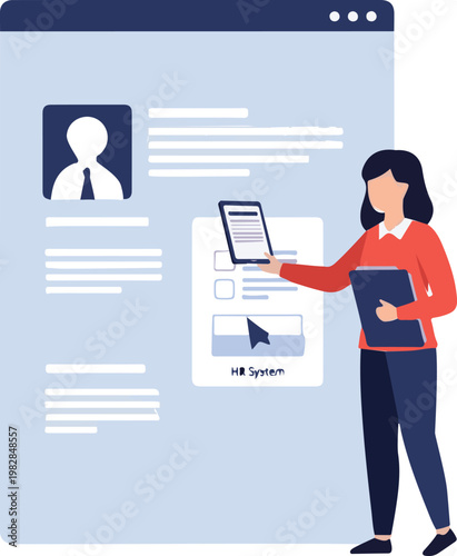 Professional woman holding a tablet while interacting with a digital interface for human resources recruitment management software systems