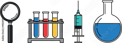 Laboratory and Medical Equipment Icon Set for Science, Research, Healthcare, and Pharmaceutical Concepts
