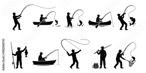 Fishing silhouette collection with 10 vector icons, fisherman catching fish in boat and kayak, fly fishing and angling sport elements