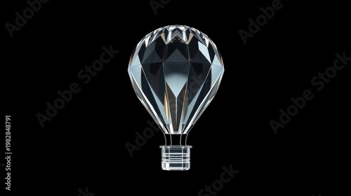 Crystal hot air balloon floats against black background. Faceted design creates light reflections, elegant composition. Minimalist aesthetic.