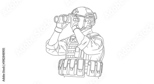 Soldier with binoculars, tactical gear, military, surveillance, observation, outline illustration