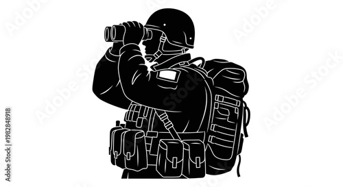 Soldier with Binoculars and Backpack, Military Reconnaissance and Surveillance