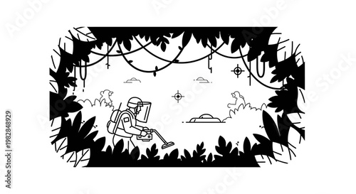 Soldier with metal detector in jungle searching for hidden treasure or mines