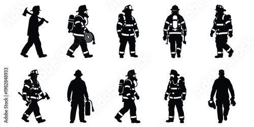 Firefighter silhouette collection, 10 professional firemen in uniform vector set, emergency rescue workers with equipment and gear icons