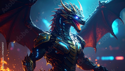 Cyberpunk Dragon Robot Fantasy Creature Illustration.