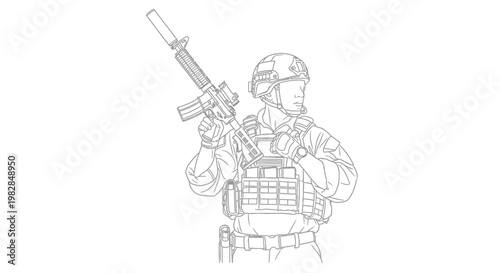 Soldier with Rifle, Tactical Gear, Helmet, and Vest - Line Art Illustration