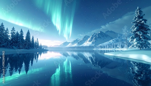 Northern Lights Aurora Borealis Winter Landscape Reflection.
