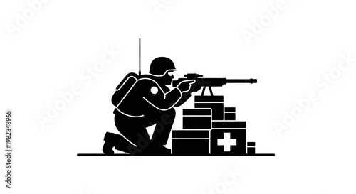 Soldier with sniper rifle and medical supplies, tactical medical support concept
