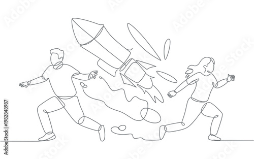 A minimalist line drawing of a man and woman running from a rocket explosion