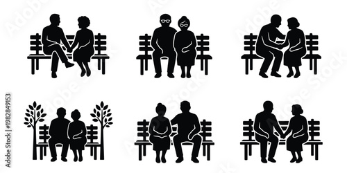 Elderly couple silhouettes sitting on park bench, senior people icons set, retired man and woman resting outdoors, 6 vector elements for healthcare