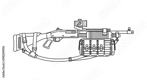 Tactical Shotgun with Accessories: Sling, Red Dot Sight, and Ammo Pouch