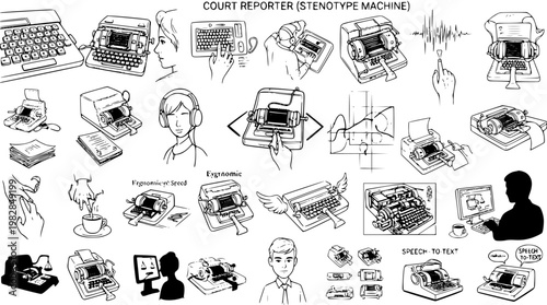 Court Reporter Stenotype Machine and Related Technology Illustrations