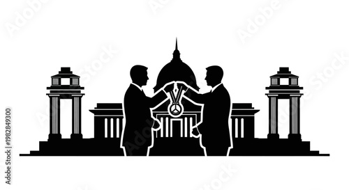 Two businessmen shaking hands in front of a government building, symbolizing agreement and partnership