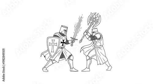 Two Knights Fighting with Swords and Shields, Medieval Combat Illustration