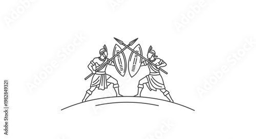 Two warriors with spears and shields in combat, black and white line art