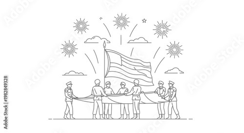 Veterans Holding American Flag with Fireworks and Clouds