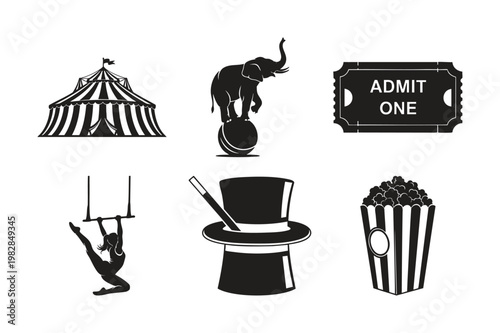 Circus entertainment silhouette set bundle with tent, elephant, ticket, popcorn.