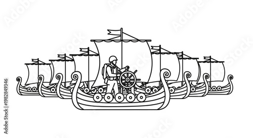 Viking Fleet Sailing, Warrior at Helm, Ancient Longships, Nautical Adventure