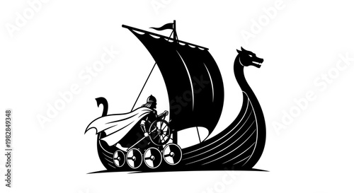Viking Ship Silhouette with Warrior and Dragon Head