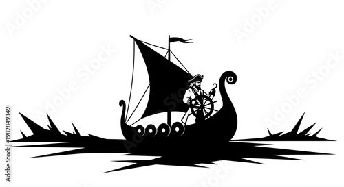 Viking Ship Silhouette Sailing Through Rough Seas with Captain at Helm