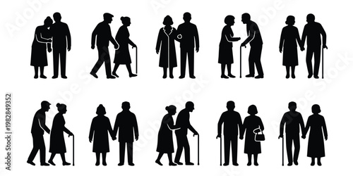 Elderly couple silhouettes set, senior people walking with canes and holding hands, collection of 10 retired man and woman vector icons for healthcare