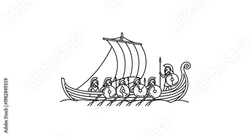 Viking Ship with Warriors Sailing, Ancient Nordic Longboat Illustration