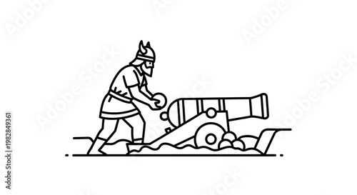 Viking Warrior Loading Cannon with Cannonball, Historical Warfare Illustration
