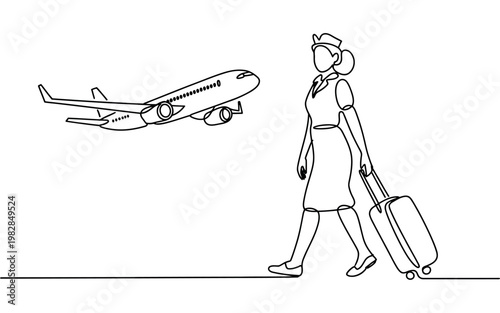 A flight attendant walking with luggage beside a flying airplane in the sky