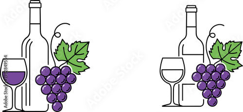 Wine and Grapes Icon Set for Beverage, Vineyard, Winery, Wine Glass, and Grape Harvesting Concepts