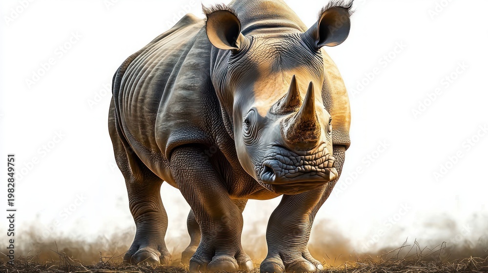 Fototapeta premium majestic rhinoceros with two horns and wrinkled skin standing on dry ground with dust at its feet, alert forward gaze conveying strength and determination