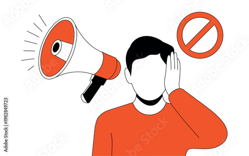 A man covering his ears from a loudspeaker with a prohibition sign nearby