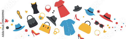 Colorful fashion items and accessories arranged in a circular pattern on white background