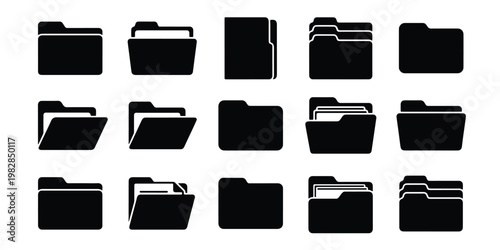 Minimalist folder icon set, black silhouette file directory symbols, 15 professional office document storage vectors for web interface design