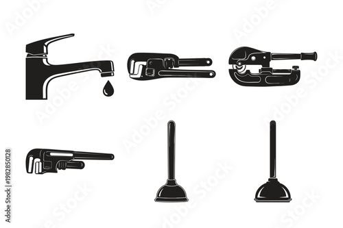 Plumbing tools silhouette set bundle with faucet, wrenches, pipe cutter, plungers.