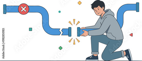 Man repairing a broken pipe with a wrench in a city infrastructure