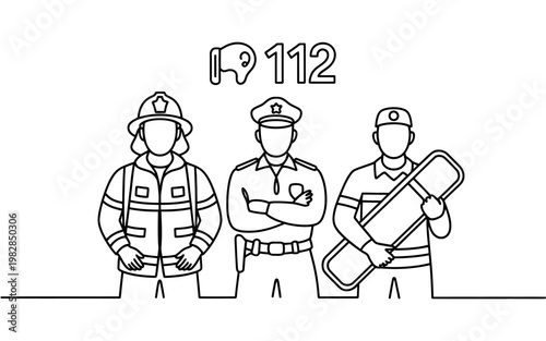 A line drawing of emergency responders and a phone number for help services