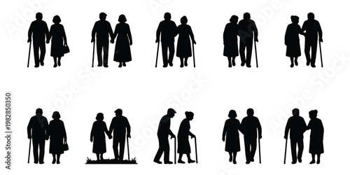 Elderly couple silhouettes set, senior people walking with canes, 10 vector icons of retired man and woman holding hands, geriatric care and aging concept