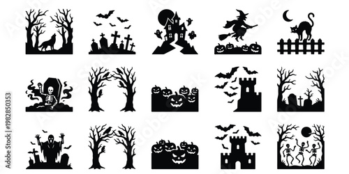 Halloween silhouette icons set, spooky graveyard and haunted house vector illustrations, 15 black horror elements for seasonal party decor