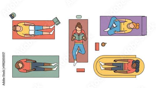 People lying on various mats and surfaces in a vector 2D CAD environment