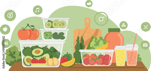 Healthy food and drink on wooden table with vegetables and containers