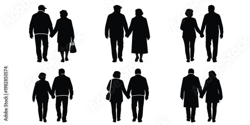 Elderly couple silhouettes walking hand in hand, set of 6 senior pairs holding hands, mature man and woman walking together vector icons